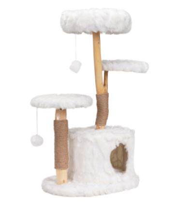 Luxury Solid Wood Modern Cat Tree with Natural Branches, Perch & House – White