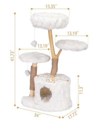 Luxury Solid Wood Modern Cat Tree with Natural Branches, Perch & House – White