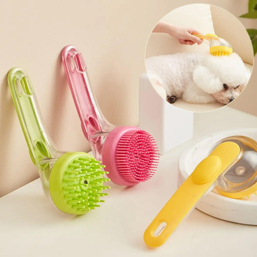 Pet Shower & Grooming Brush – Soft Bristle Bath Brush with Shampoo Dispenser for Cats & Dogs